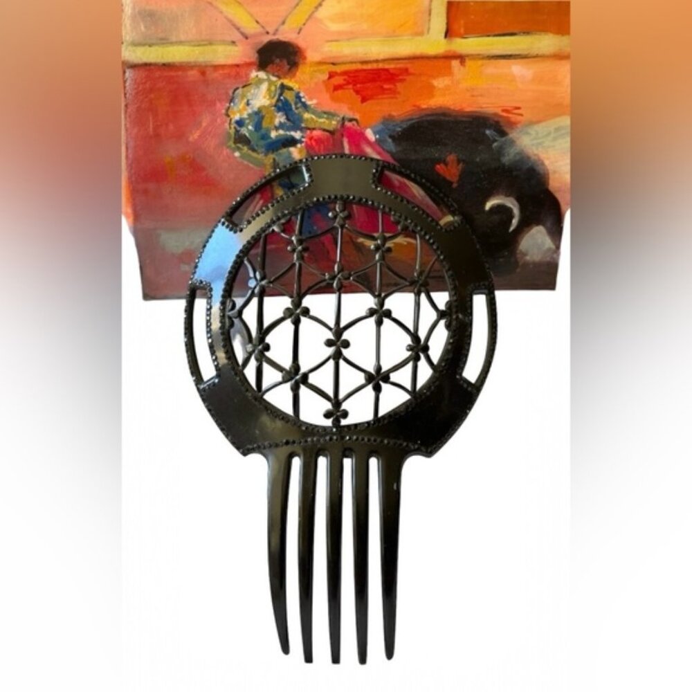 Vintage Ornate Spanish Style Headpiece Celluloid Comb with Black Rhinestones